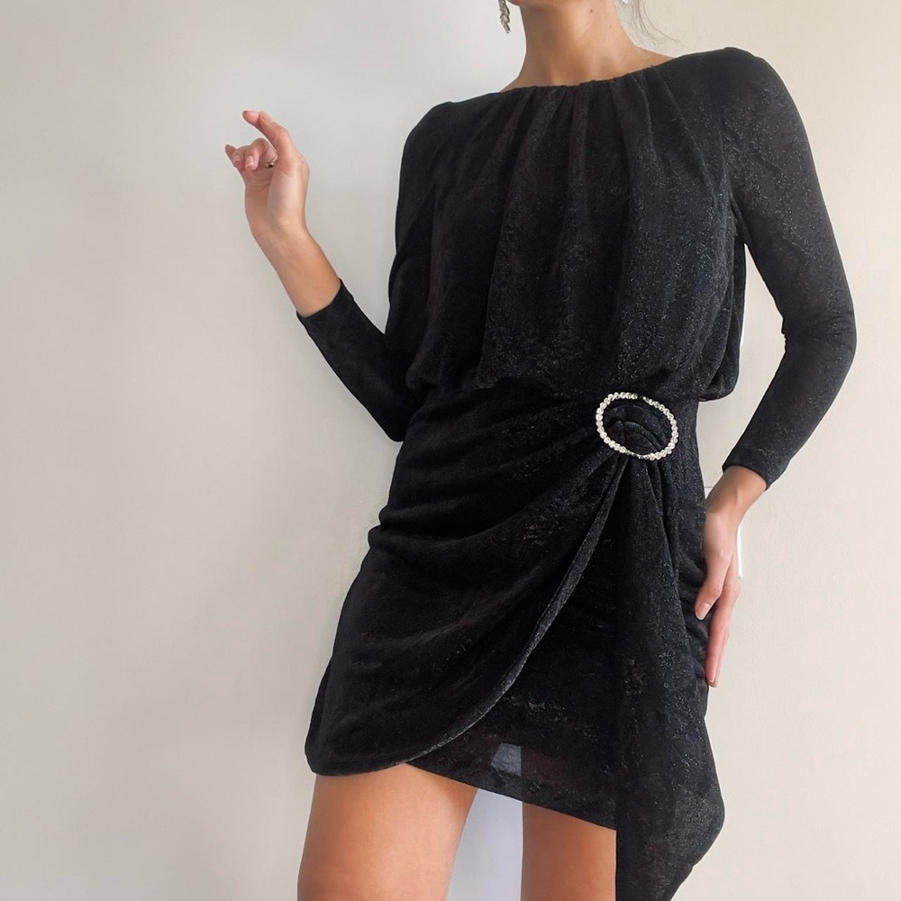 Betsy & Adam | Black sparkly long sleeve mini dress with rhinestone belt | 6